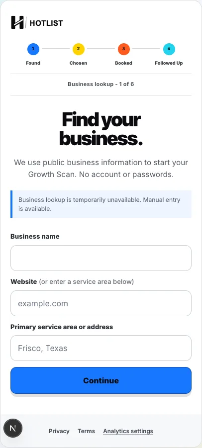 Hotlist Growth Scan business lookup screen